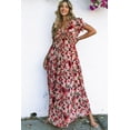 thumbnail image 1 of Robe Maxi à Manches Courtes à Col en V à Volants Imprimé Floral Rouge pour Femmes, 1 of 9
