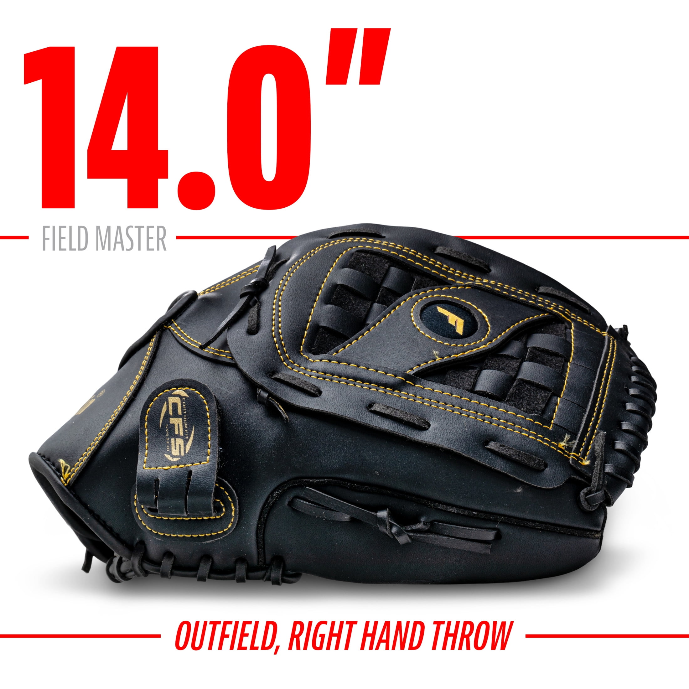 Franklin Sports Field Master Baseball + Softball Glove, 14 in, Black/Gold, Right Hand Throw