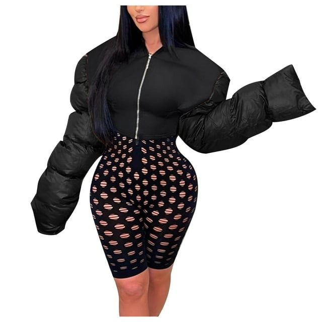 Veste Courte pour Femme, Doudoune Courte à Manches Longues, Vestes Patchwork Mode pour Femmes, Chaude pour l'Hiver, Manteau Léger à Fermeture Éclair