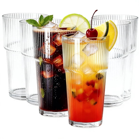 Etolies 6-Pack Ribbed Glass Tumblers, 18oz Highball Glass Cups for Coffee, Cocktails, Juice & Beer