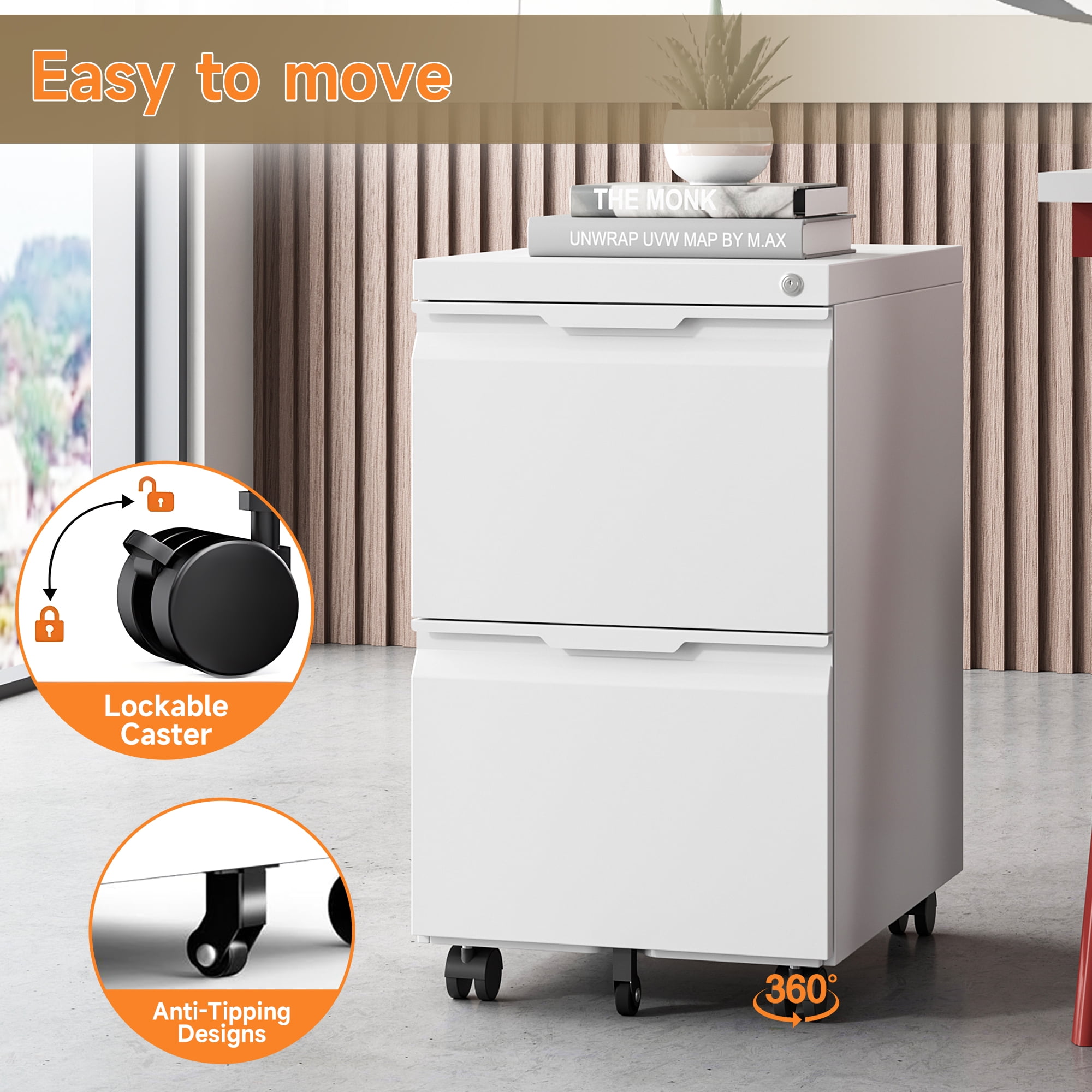 Topass 2 Drawer Mobile File Cabinet, Under Desk Metal Storage Cabinet with Lock, Office Filing Cabinet for A4/F4/Letter (White)
