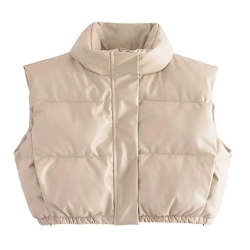 Veste en Cuir PU pour Femmes Col Montant Gilet Matelasse Sans Manches Manteau Rembourre