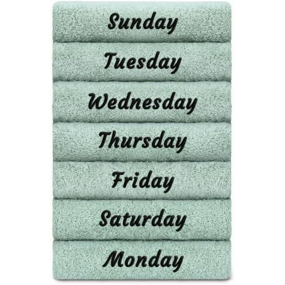 Seven Days Monogrammed Hand Towels, 7 Day Bathroom Hand Towel, Personalized & Decorative Gift, Super Soft, Highly Absorbent, Embroidered Turkish Cotton Towel Set for Face, Dorm, Gym & Spa, Green