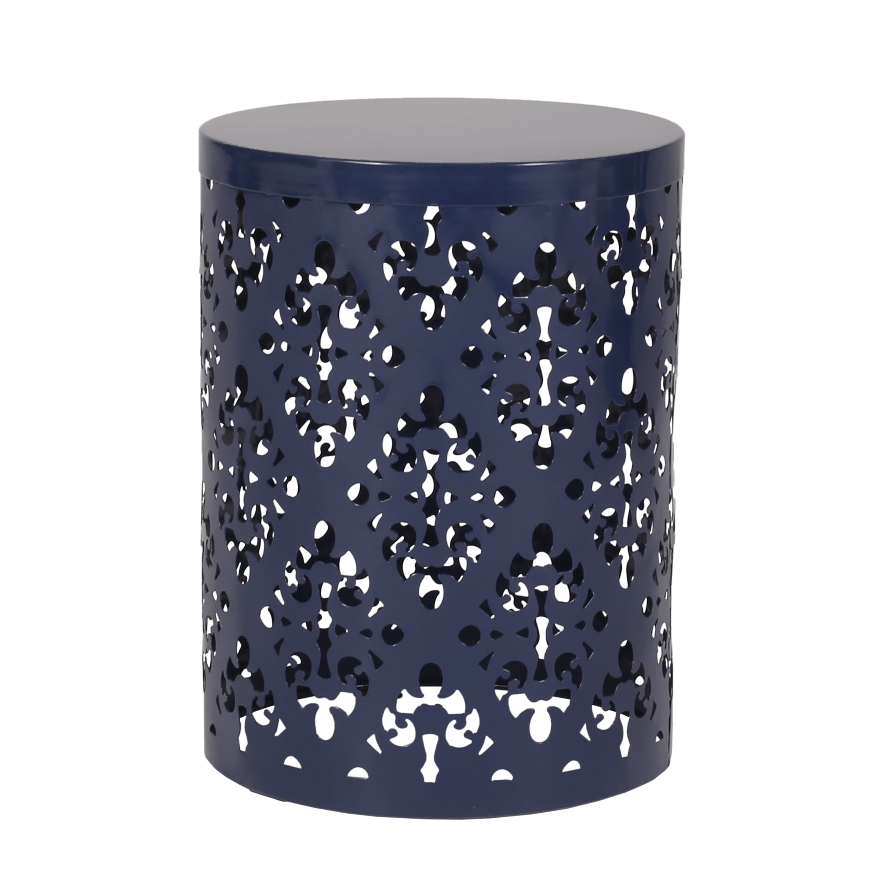 Outdoor Nesting Side Table Set of 2, Cylindrical Floral Pattern Structure for Patio Garden, Navy Blue