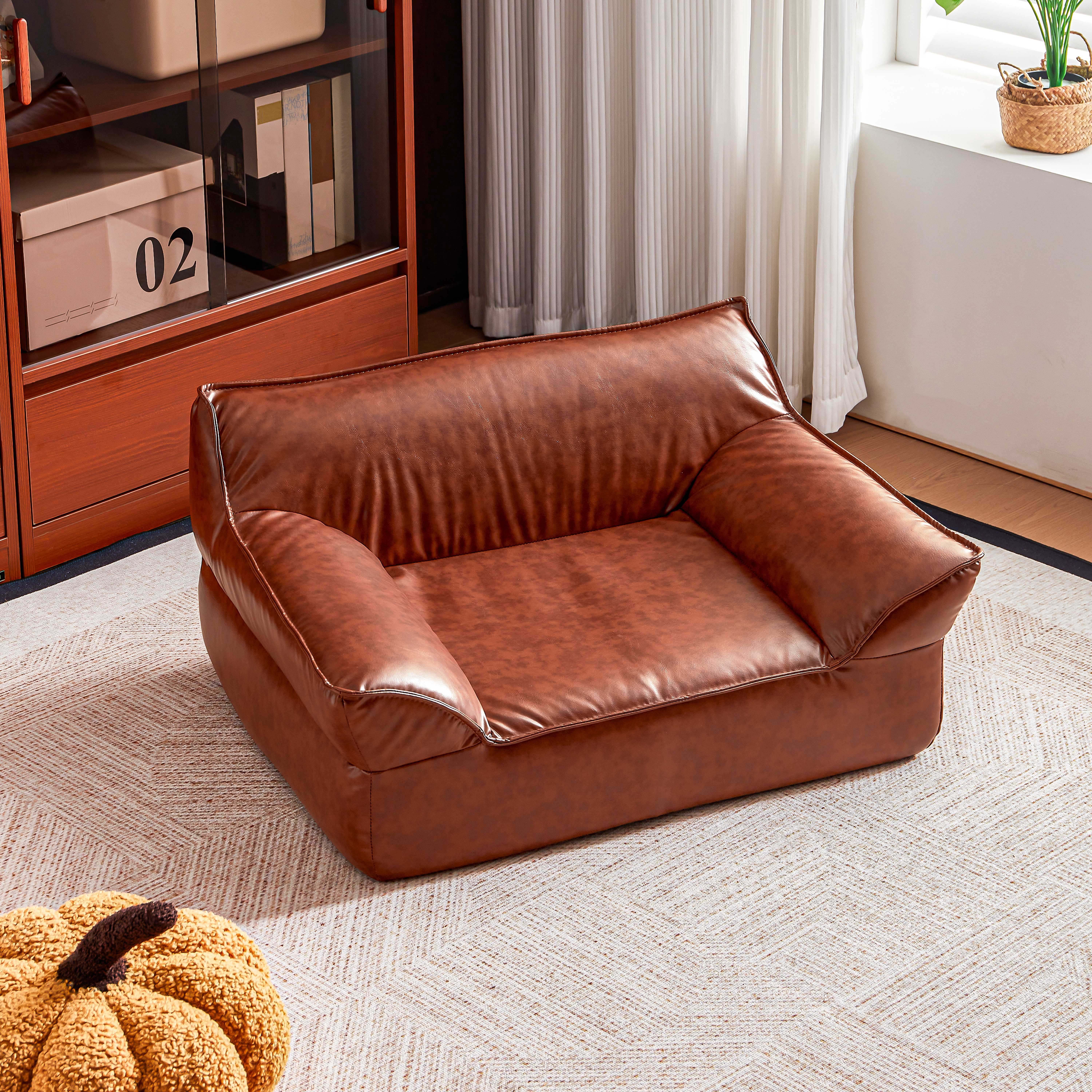 ATJafurn 31.5''W Leather Brown Dog Bed Sofa, Mid-Century Modern Pet Bed Couch for Medium Dogs up to 50lbs with Removable & Washable Cover
