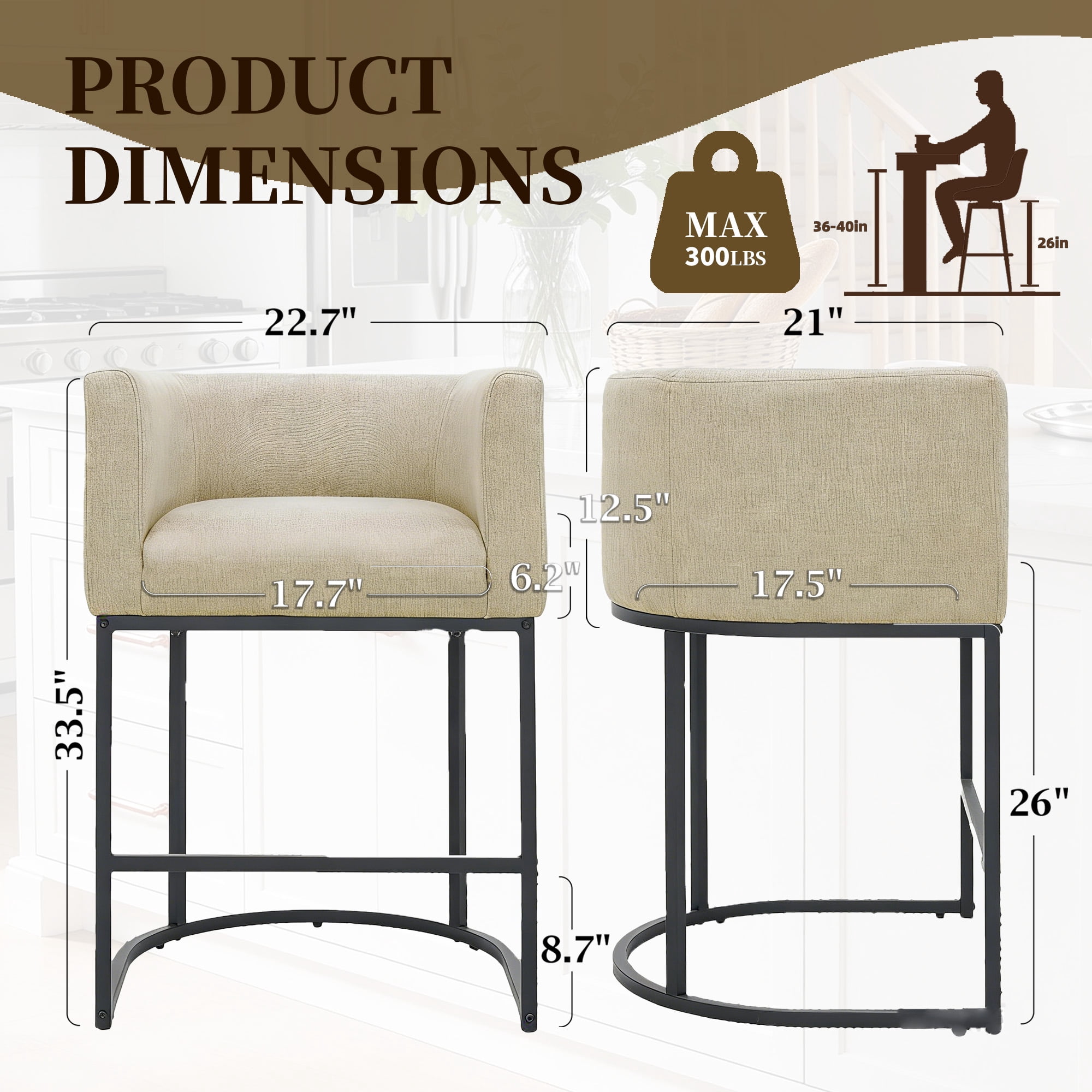 CRERIYO 26" Counter Height Bar Stools Set of 4, Fabric Upholstered Modern Barrel Bar Chairs with Metal Frame, Camel
