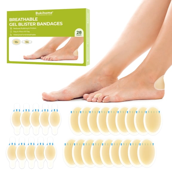 Bukihome Hydrocolloid Gel Blister Bandages - 28ct - Adhesive Blisters Bandages - Sport Sandals Blister Pads for Heel, Feet, Toe, Fingers - Gel Blister Prevention for Travel,Hiking (Variety Pack)