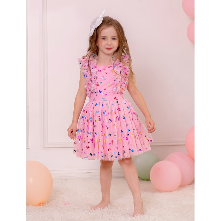 Ibtom Castle Kids Girls Birthday Party Dress Sequins Butterfly Daisy Polka Dots Embroidery Princess Tulle Wedding Pageant Evening Gown 4-5 Years Pink