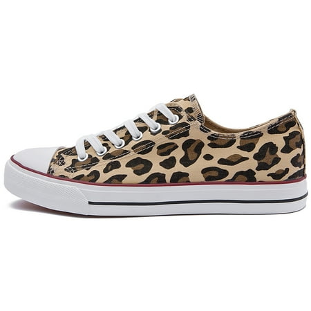 

Women‘s Leopard Print Flat Canvas Shoes Round Toe Lace-up Non Slip Skate Shoes Casual Low Top Sneakers
