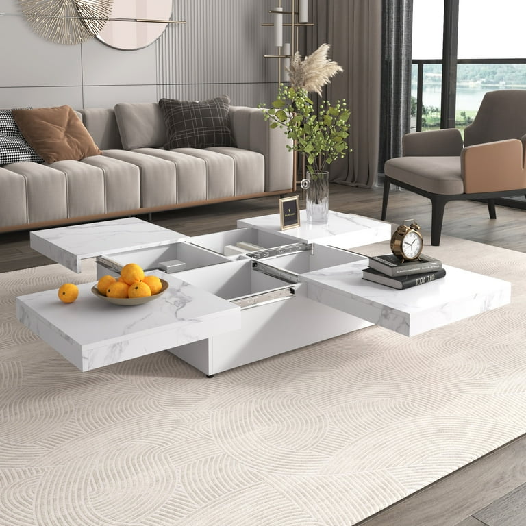PORKISS Coffee Table Marble Veneer Square Coffee Table with Sliding Top and Storage Space Freestanding Cocktail Table with Storage Modern Storage
