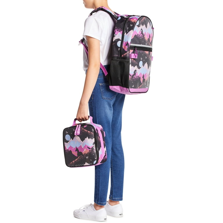 Wonder Nation Kids 17 inch Laptop Backpack and Lunch Tote Set, 4-Piece, Magical Meadows Print Black Soot, Girl's