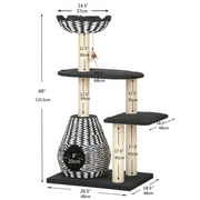 PetPals 49H 4-Lvl Cat Tree with Handwoven Condo and Nest Bed, Sisal Scratching Posts, Black/white