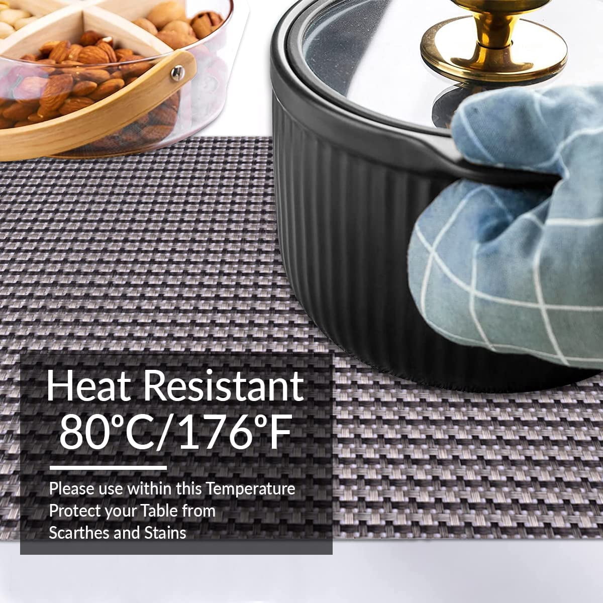 Placemats Set of 12 for Dining Table, Table Placemats, Rectangular PVC Vinyl, 18x12 Inches - Black Brown