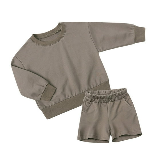 FAOWME Child Outfit Sets Boys Girls 2 Pcs Pullover Thin Sweatsuit Unisex Kids Long Sleeve Hoody Tops Elastic Waist Shorts Pockets Sets Clothes Sets Breathable Hood Dailywear