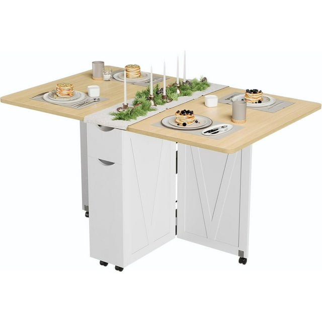Bingirl Folding Kitchen Table with 6 Wheels, Folding Dining Table with Drawer and Storage, Suitable for Small Spaces and Kitchens