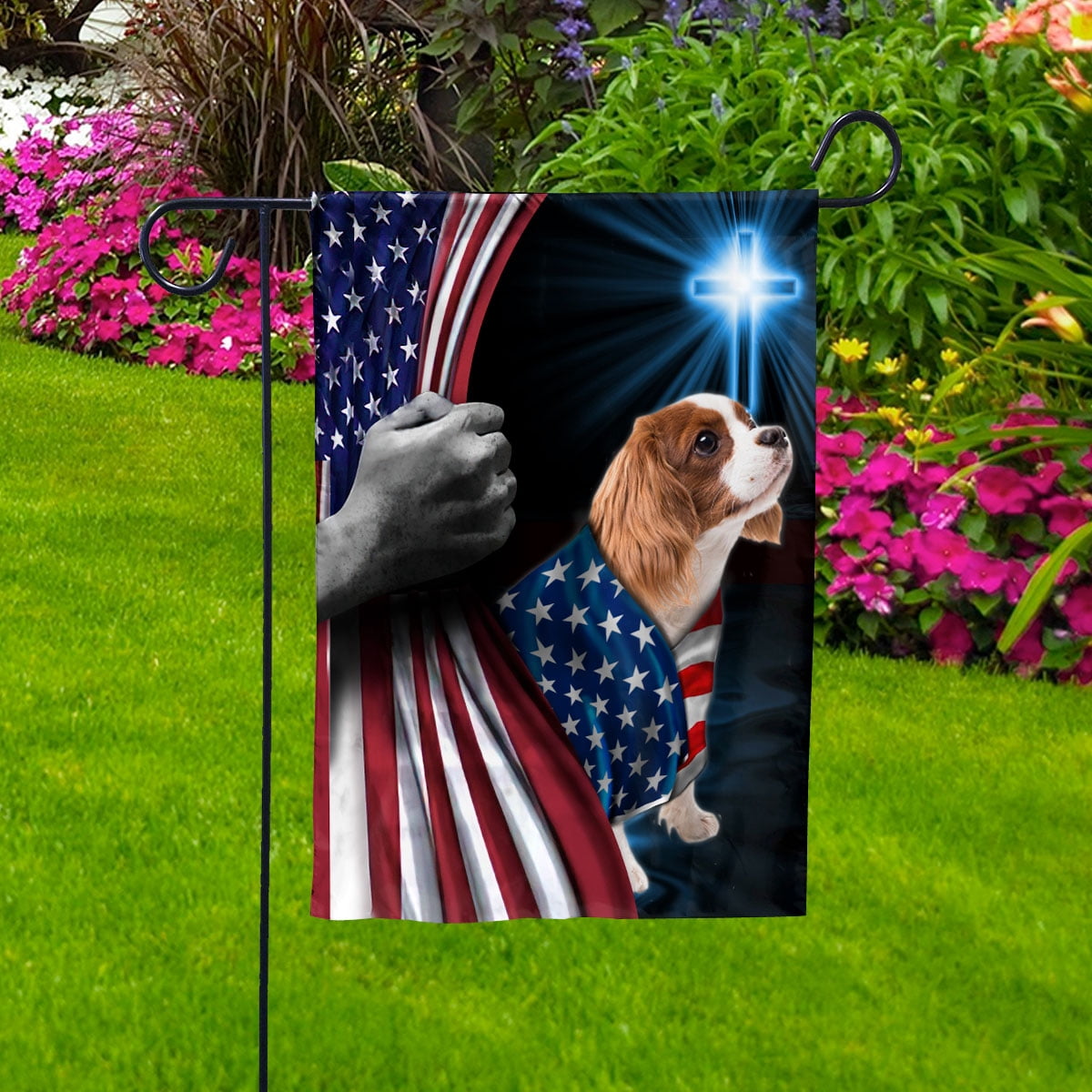 Hand Pulling USA Flag Cavalier King Charles Spaniel Dog Wearing Flag American Standing under Cross Christian Patriotic House Flag (3x5) Double Sided- Premium Polyester-Decorative Indoor Outdoor Flag