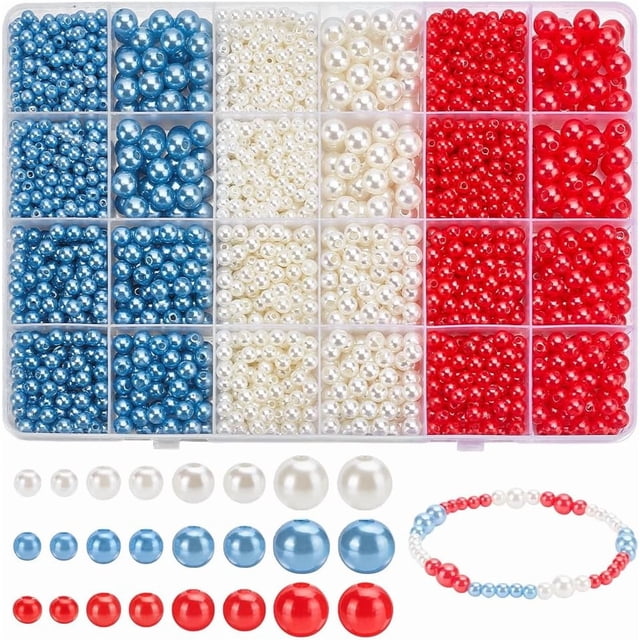 2778 cuentas redondas de 3 colores, 4/5/6/8 mm, perlas de satén, azul, blanco y rojo