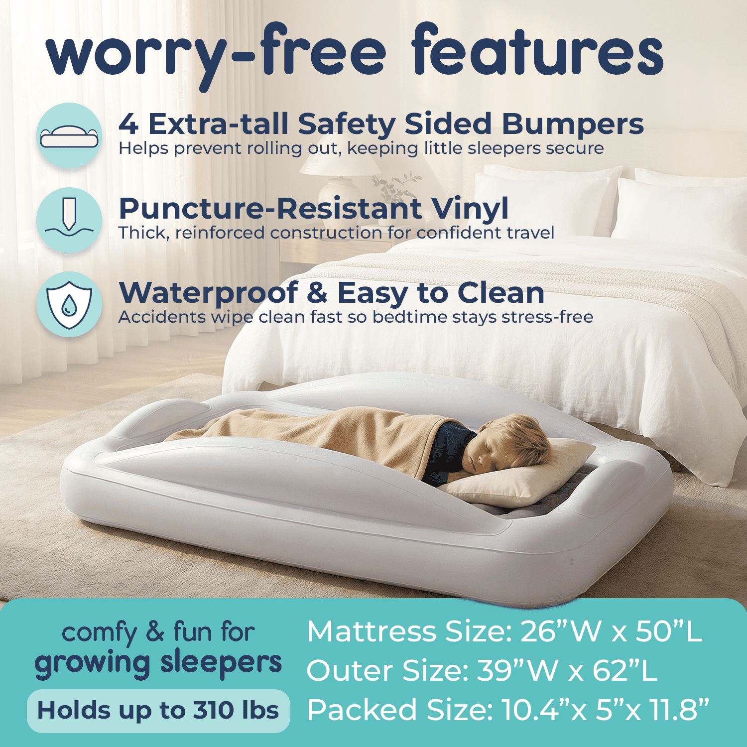 Hiccapop Inflatable Toddler Travel Bed with Safety Bumpers, 4-Sided Portable Toddler Bed for Kids, Toddler Air Mattress, Kids Air Mattress, Gray