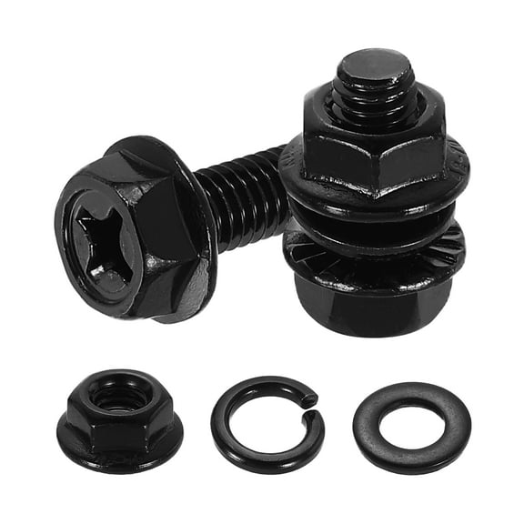 M6 x 14mm 10Pcs Phillips Flanged Hex Bolts with Nuts, Flat & Lock Washers, Black