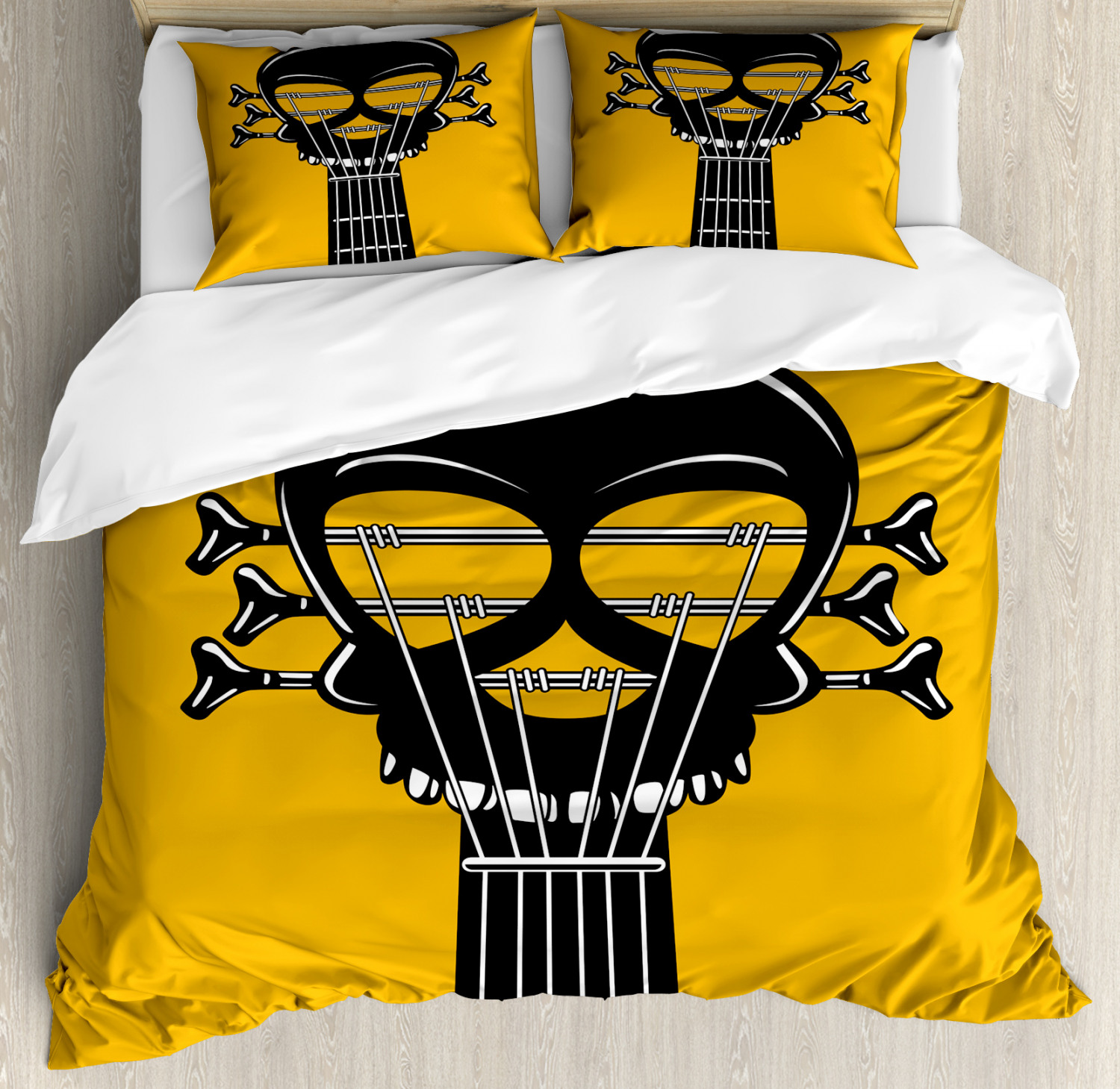 Rock and Roll Duvet Cover Set King Size, Guitar Riff with a Skull