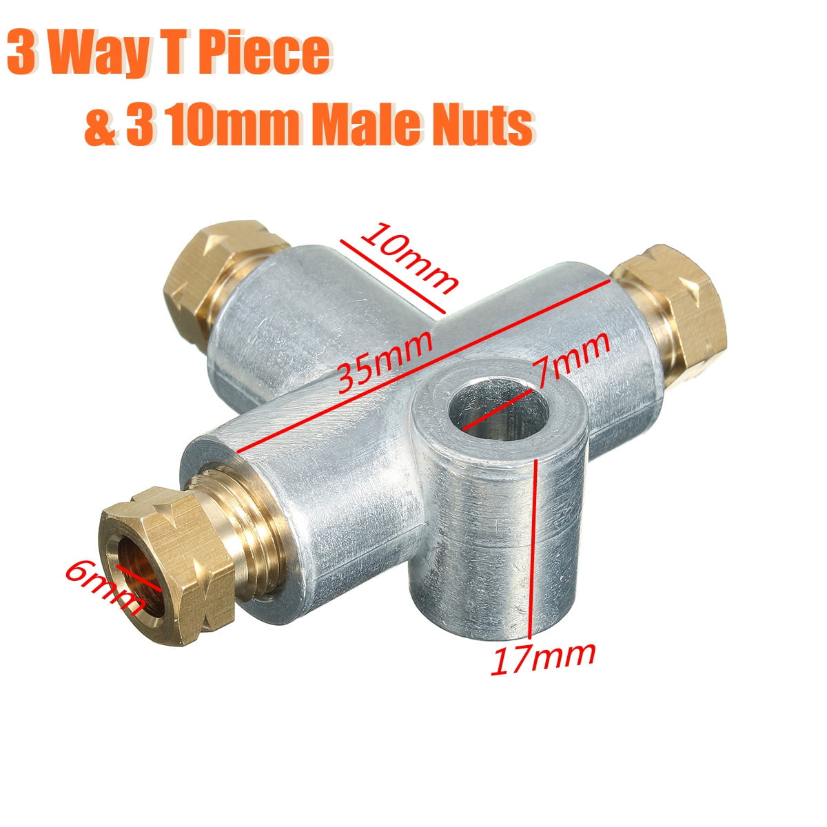 HGY 3 Way T-Shape Brake Tee With 3 Male Nuts Short Union M10 3/16in Pipe 10mm