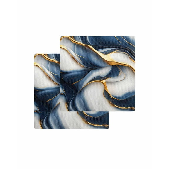 Navy Blue Marble Kitchen Dish Towels for Drying Dishes Set of 2, Gold Modern Art Waffle Weave Microfiber Terry Hand Tea Bathroom Towels Quick Dry & Absorbent Towel 12x12