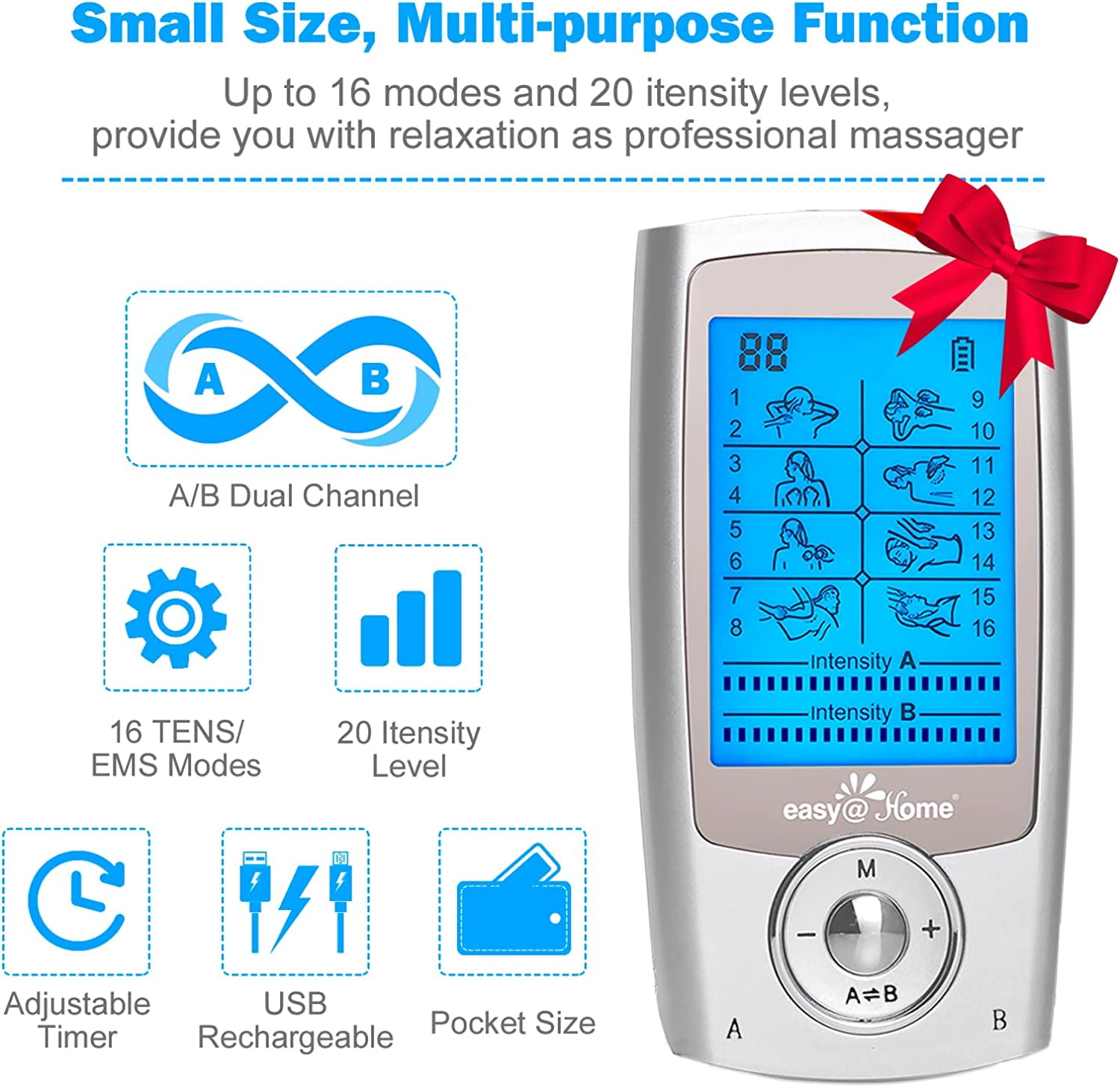 Easy@Home Dual Channel TENS Unit Electronic Pulse Massager with Electrodes, 1 Pack