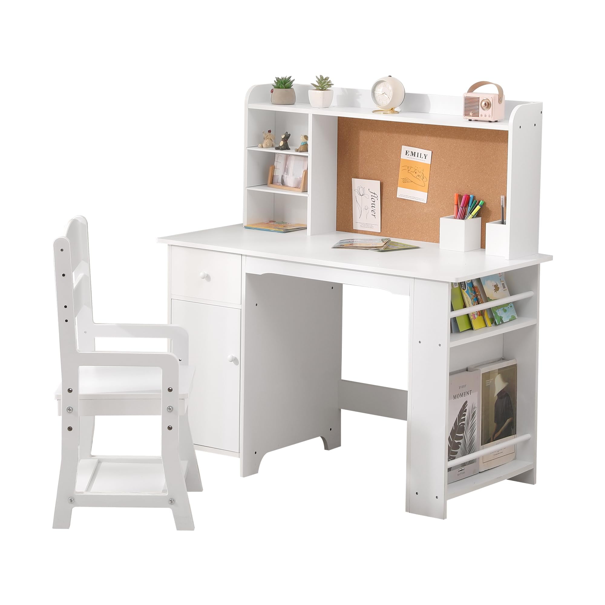 Danolapsi Kids Study Desk and Chair Set with Storage,White Learning Table with Bookshelf,Bulletin Board,and Cabinets,Ideal for Boys and Girls Ages 3-8