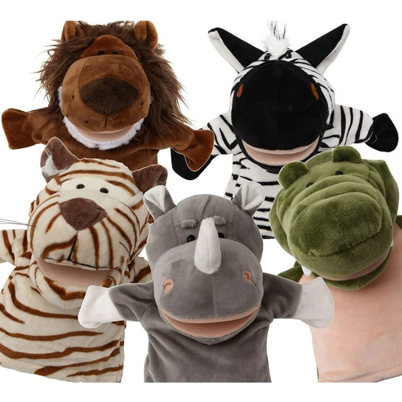 5-Piece Set Animal Hand Puppets with Open Movable Mouth/Zoo, Safari, Farm, Jungle/Tiger, Rhino, Lion, Crocodile and Zebra