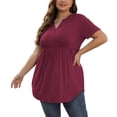 thumbnail image 3 of PINKSIR Plus Size Short Sleeve Henley Shirt for Women Flowy Tunic Tops Loose Fit Pleated Swing Blouse Dark Red 1X-5X, 3 of 7
