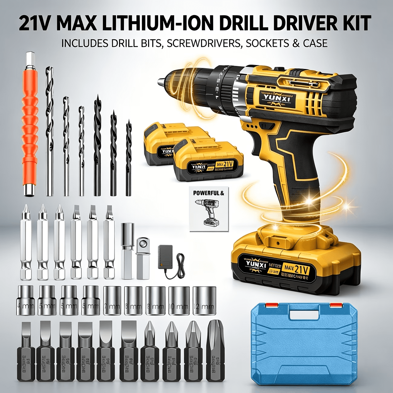 Cordless Hammer Drill - 21V Brushless Electric Power Impact Drill Set with 2 Battery & 1/2 Inch Self-Locking Metal Chuck & Accessory for Drilling Wood Bricks Metal Concrete