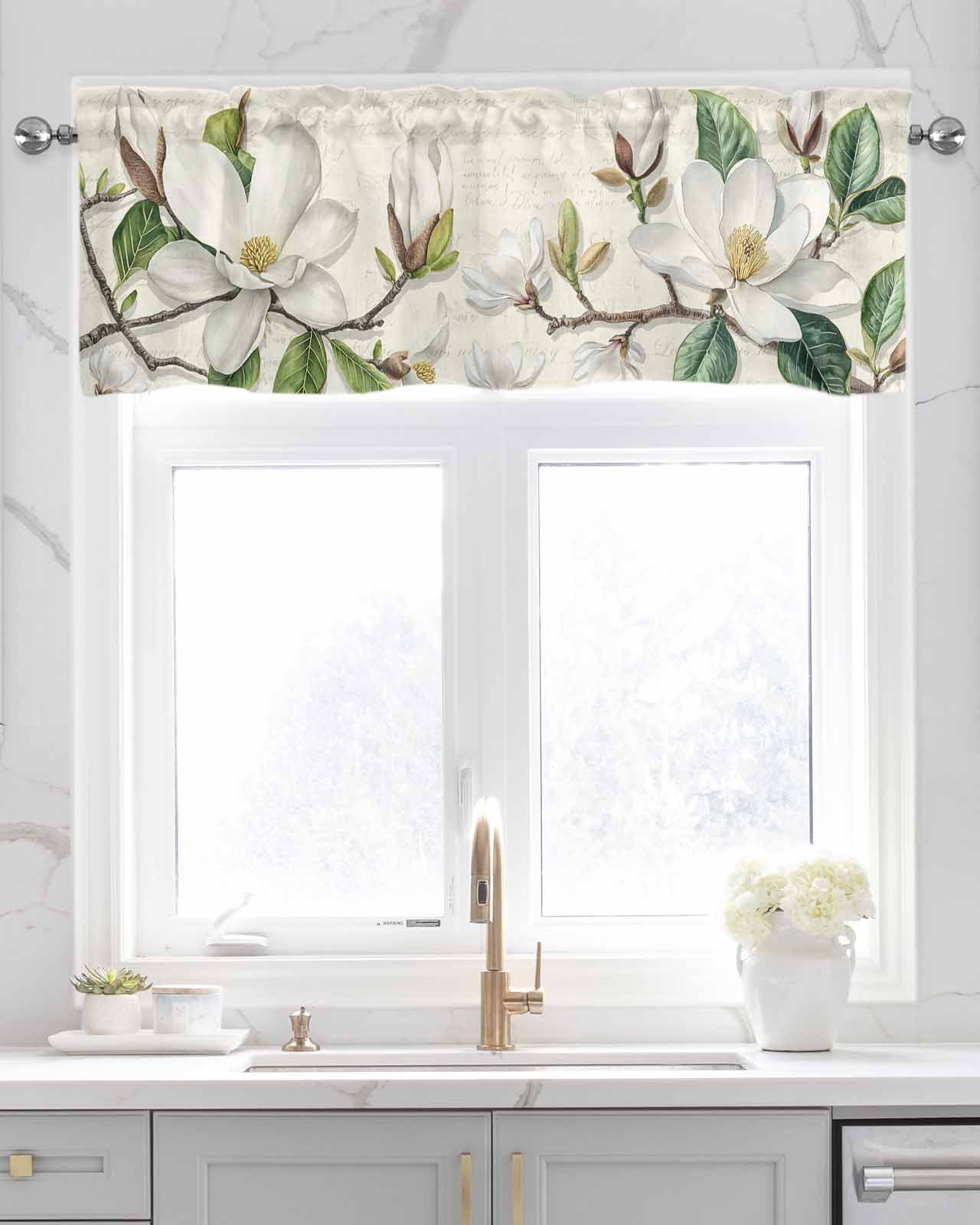 Botanical Floral Kitchen Valances for Windows Farmhouse Linen Window Valance Curtain for Living Room Window Treatment Retro Country Magnolia Flowers Leaves Valance Rod Pocket Topper, 60 x 18 Inch