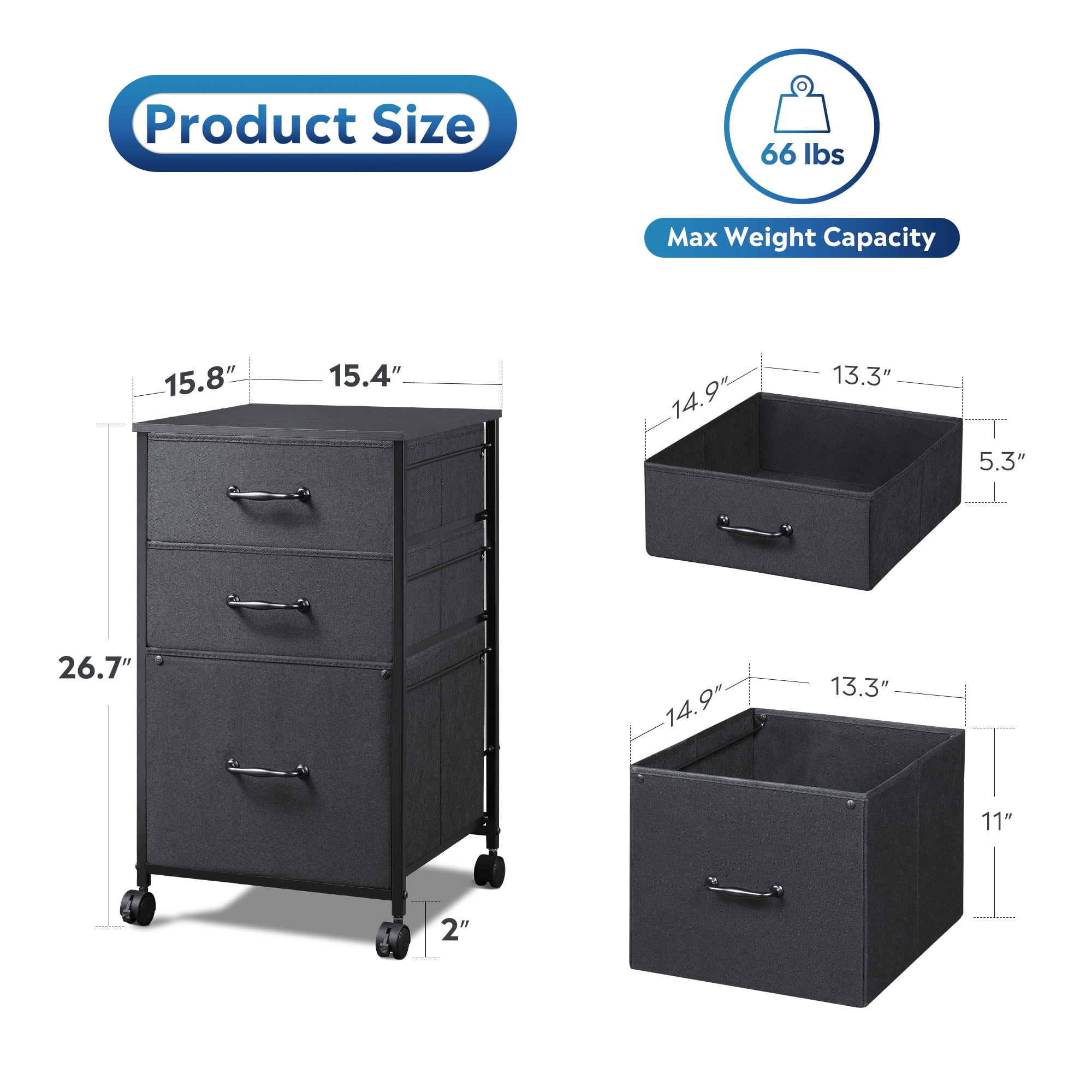 GALAXHERO File Cabinet with 3 Drawer, Rolling Filing Cabinets for Home Office, Fabric Vertical Printer Stand, Fits A4 or Letter Size, Black