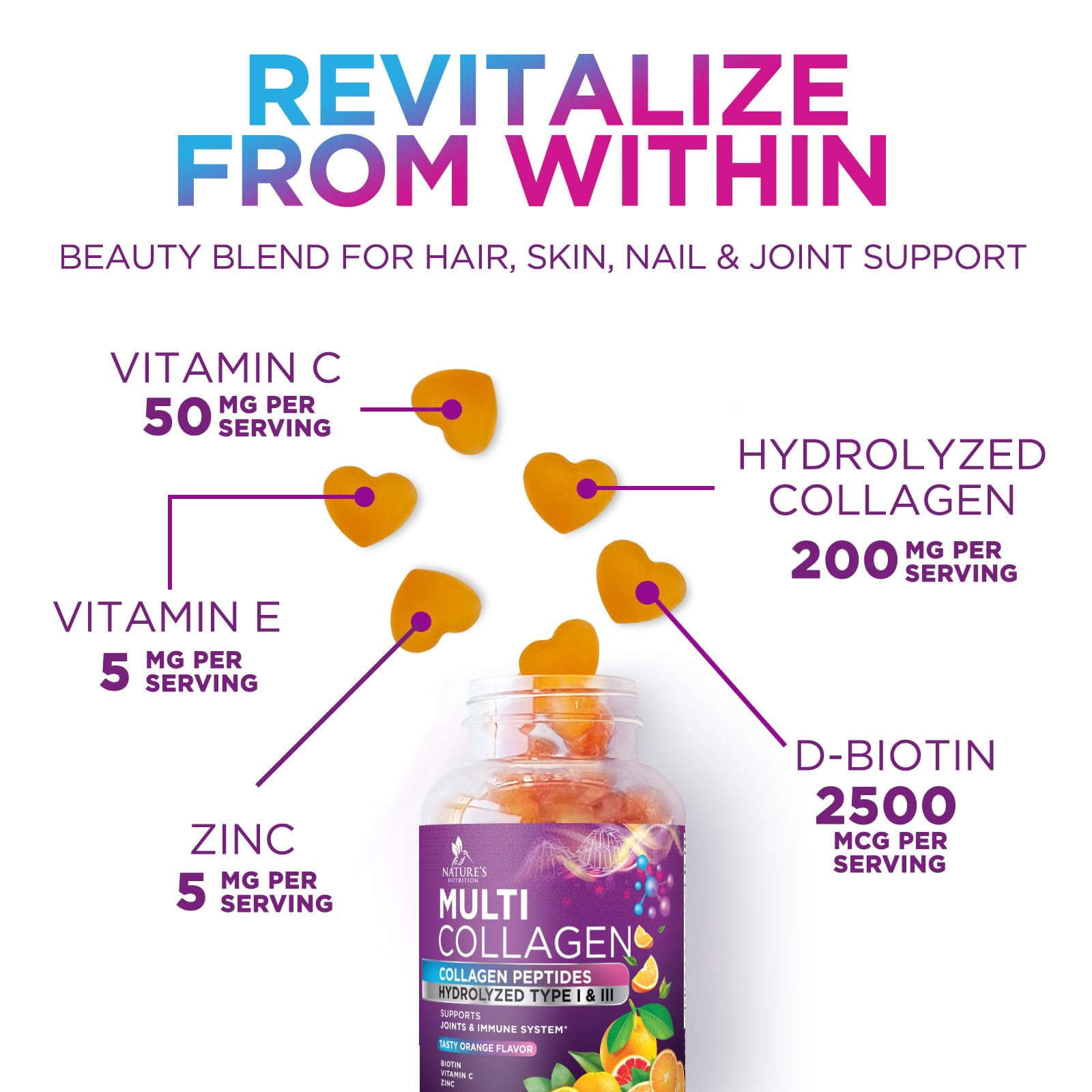 Collagen Supplements Gummies - Hair Growth & Immune Support, Skin & Nails Supplement - 2500mcg Biotin Per Serving - Multi Collagen Hydrolyzed Type 1 & 3, Vitamin C & Zinc, Orange Flavor - 120 Gummies