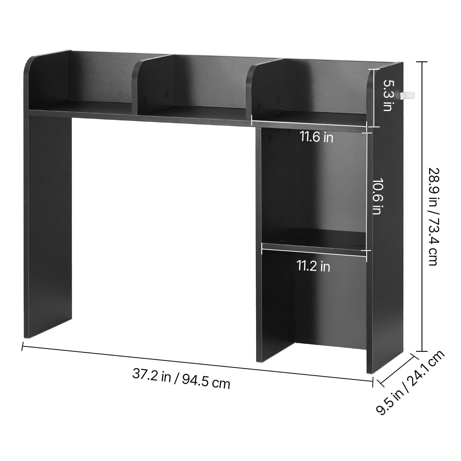 KFFKFF Tabletop Bookcase, Dual-Level Desk Storage Solution, Dimensions 37.2" x 9.5" x 28.9", Office Rack Wooden Showcase, Tabletop Bookcase Hutch with Non-Slip Foot Pads, Black