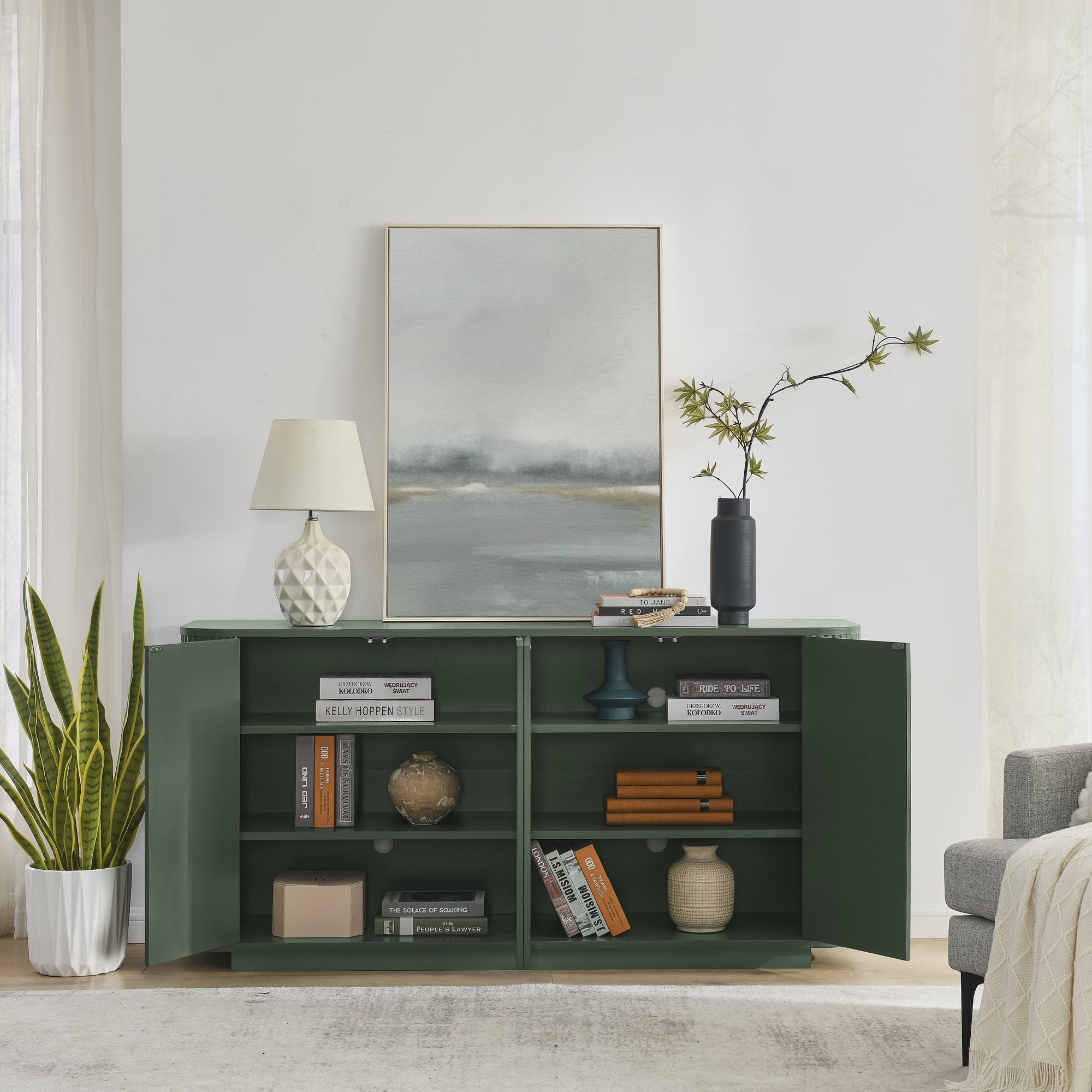 64" Modern Fluted Sideboard Buffet Cabinet - Green Storage Credenza with Adjustable Shelves for Living Room, Kitchen & Dining Room ,31.5" H
