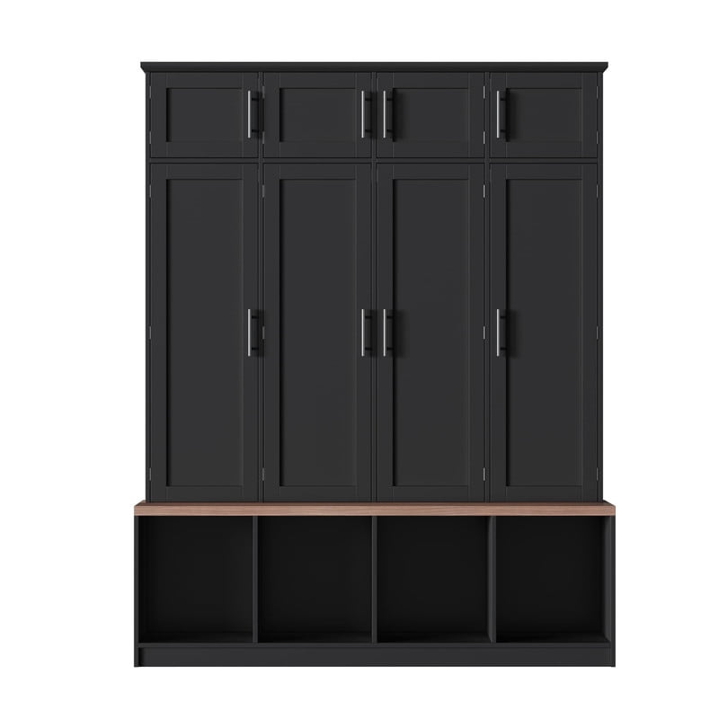 Farmhouse Hall Tree with 4 Hidden Hanging Hooks, Versatile Seating Bench with Open Compartment, Entryway Coat Rack with 8 Doors for Living Room