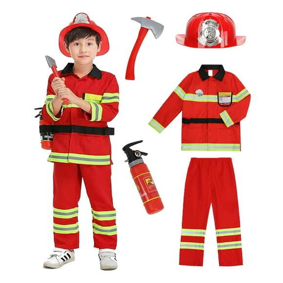 yolsun Fireman Costume for Kids, Boys' and Girls' Firefighter Dress up, Fire Fighter with Toy Accessories Set Halloween Role Play(Red,8-9 Years)