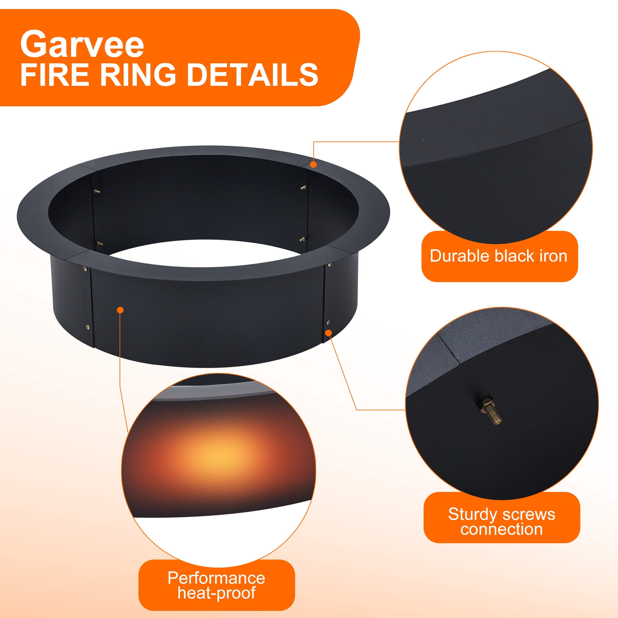 Fire Pit Ring Insert for Outside Wood Burning, 36 Inch Outer Ruond DIY Outdoor Fire Pit Liner Ring, 2.5mm Solid Metal Steel, for Backyard, Camping, Bonfire