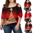 thumbnail image 3 of Camisas Navideñas Para Mujer Tallas Grandes Tops Árbol de Navidad Estampado Gráfico Hombro Frío Manga Larga Correa Blusa Informal Odeerbi ODB208624, 3 of 6
