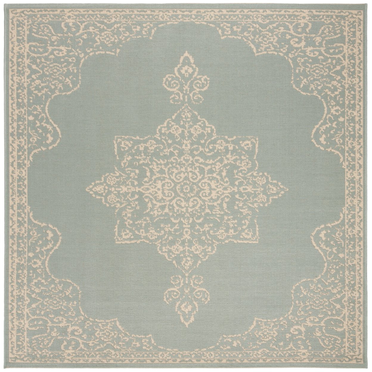 SAFAVIEH Beach House Janine Medallion Indoor/Outdoor Area Rug, Cream/Aqua, 6'7" x 9'2"