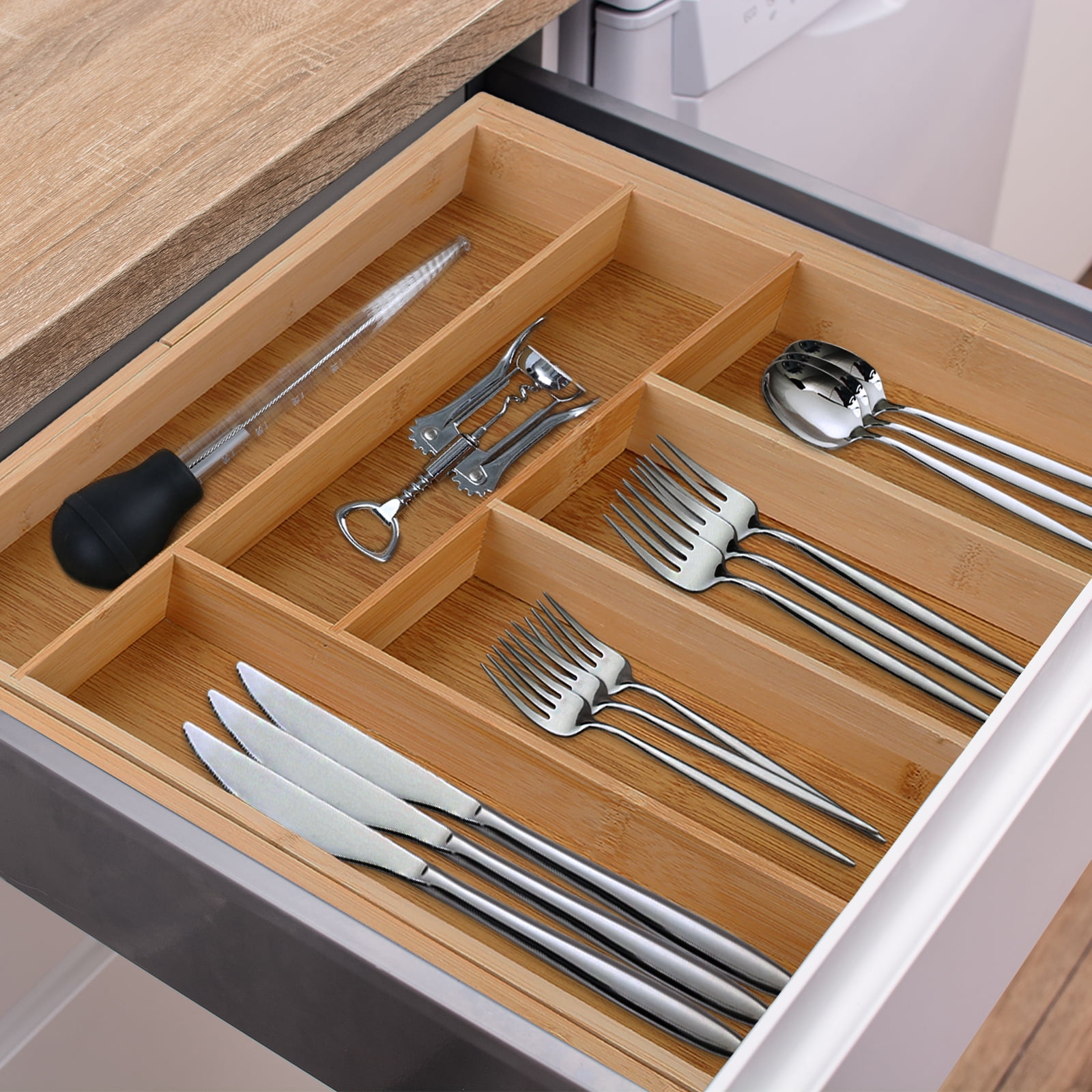 KitchenTrend 8 Slots Expandable Silverware Drawer Organizer, Adjustable Bamboo Kitchen Organizers and Storage