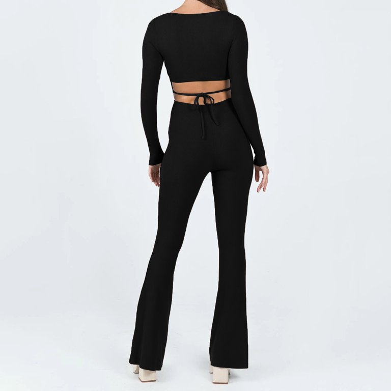  Women Jumpsuit Square Neck Long Sleeve Ribbed