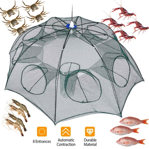 Moclever Foldable Fishing Bait Trap Net Portable Crab Shrimp Minnow Crawfish Cast Dip Cage with 8 Entrances Automatic Contraction