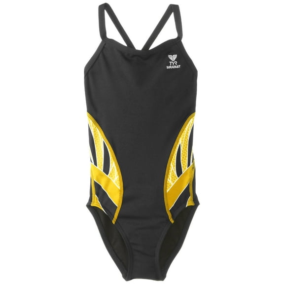 tyr girls' phoenix splice diamondfit back swimsuit (black gold, 24)