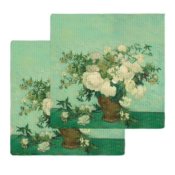 Botanical Flowers Kitchen Dish Towels for Drying Dishes Set of 2, Farmhouse Blossom Vase Floral Branches Waffle Weave Microfiber Hand Tea Bathroom Towels Quick Dry & Absorbent Towel 12x12