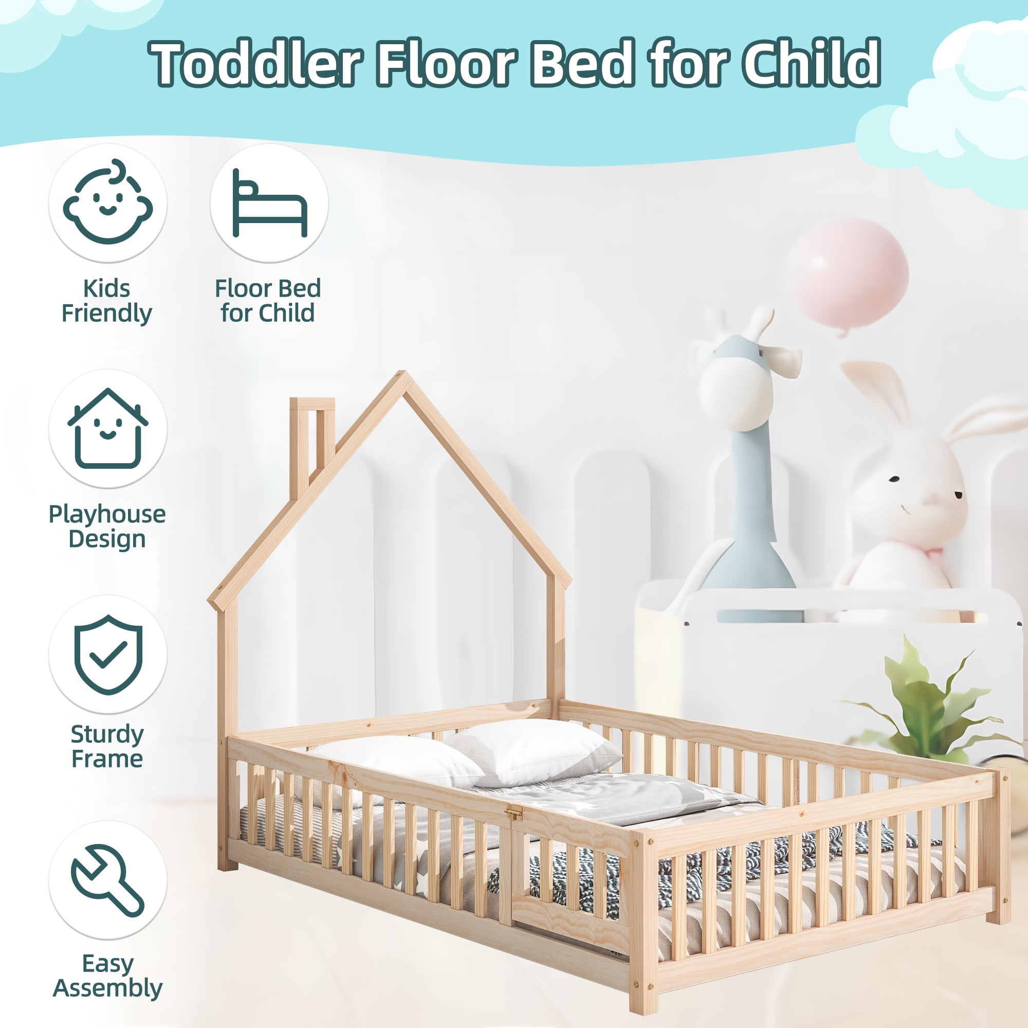 PORKISS Full Size House Platform Bed for Kids with House-Shaped Headboard, Low Floor Bed with Guardrails Fence, Natural