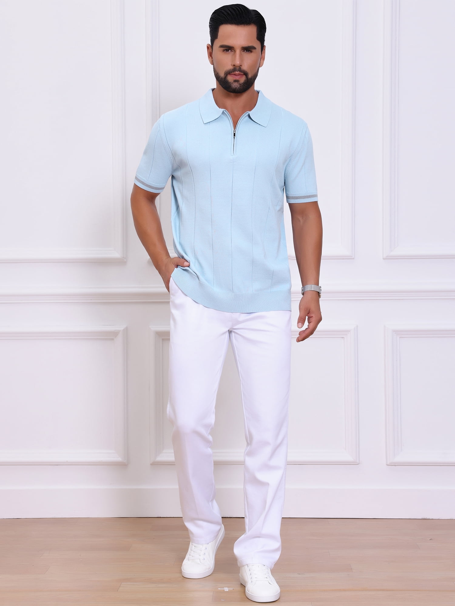 DARING DIVA Men's Textured Zip Up Ribbed Hem Short Sleeve Golf Polo Shirts S Light Blue