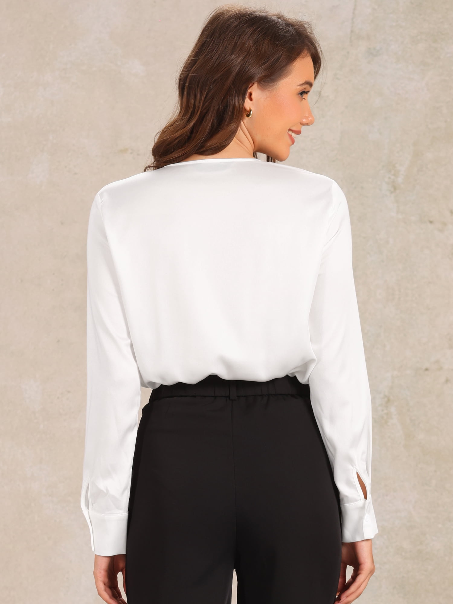 DARING DIVA Satin Leotard V Neck Long Sleeve Bodysuit Tops S White