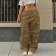 thumbnail image 2 of Hpapadks Womens Casual Pants Plus Size Wide Leg Low Waist Solid Cargo Pant Womens Slacks Khaki M, 2 of 7